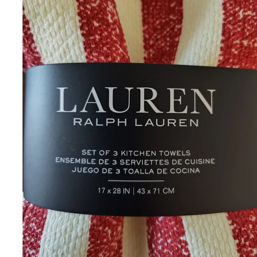 Lauren Ralph Lauren 3PK Kitchen Towels American Flag Stars Stripes Red Cotton